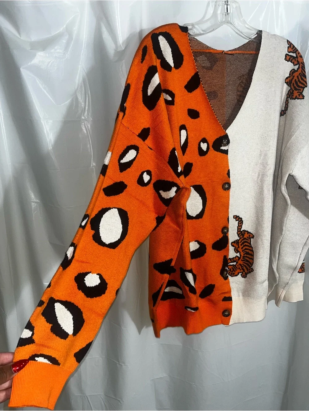 Orange and Cream Leopard-Tiger Button Down Cardigan Sweater - Women